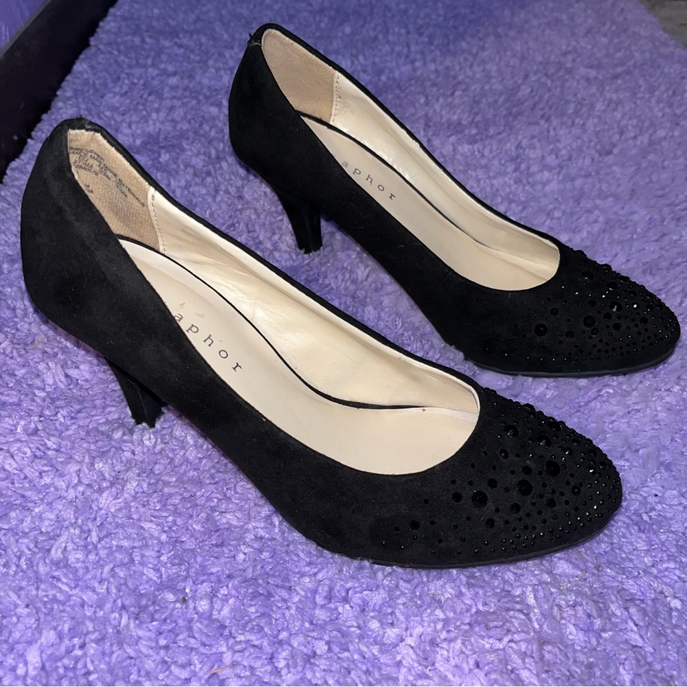 Metaphor Black Suede Heels with Rhinestone Detailing